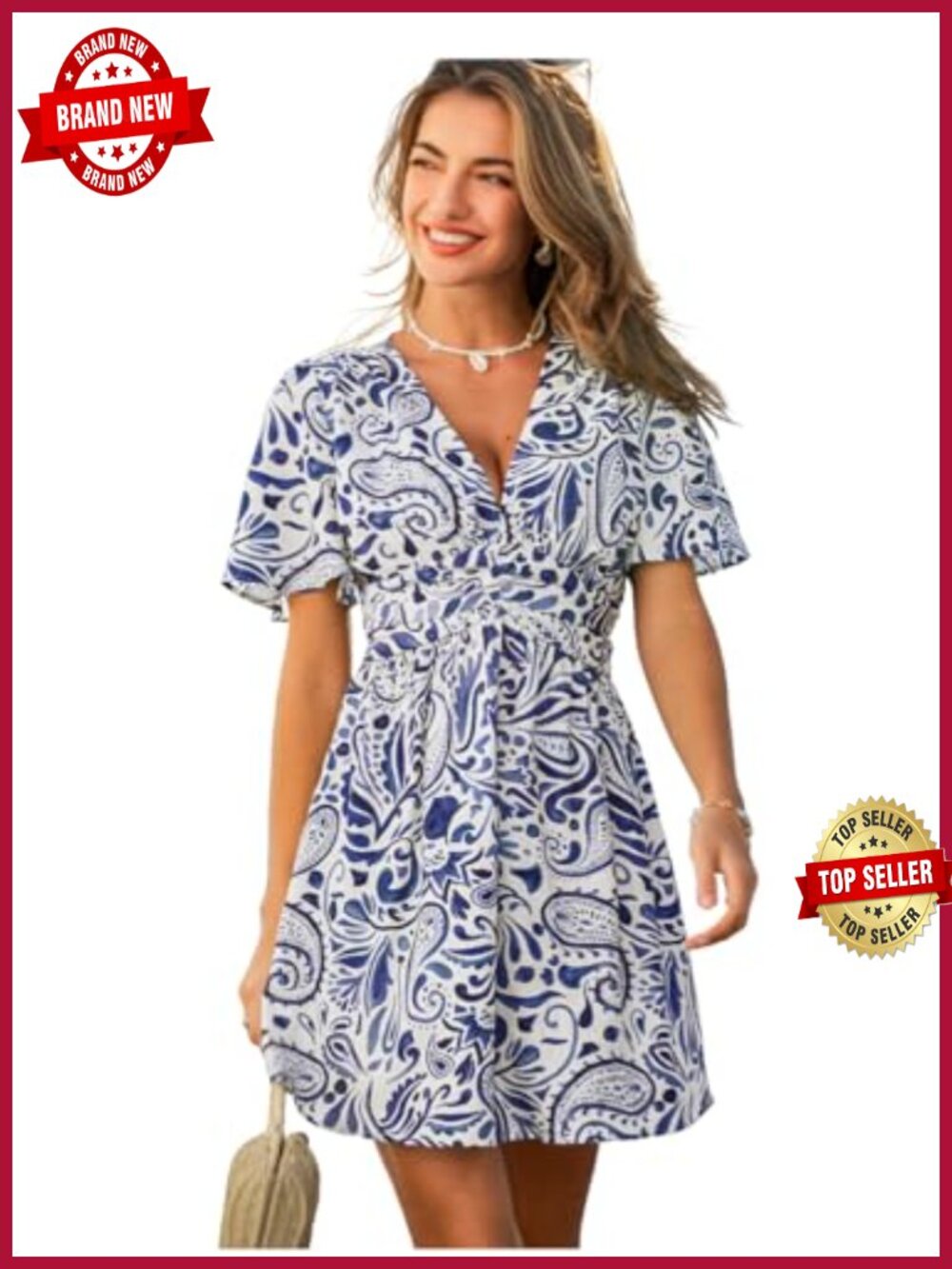 Plunging V Neck Flutter Sleeve Smocked Waist Mini Dress
